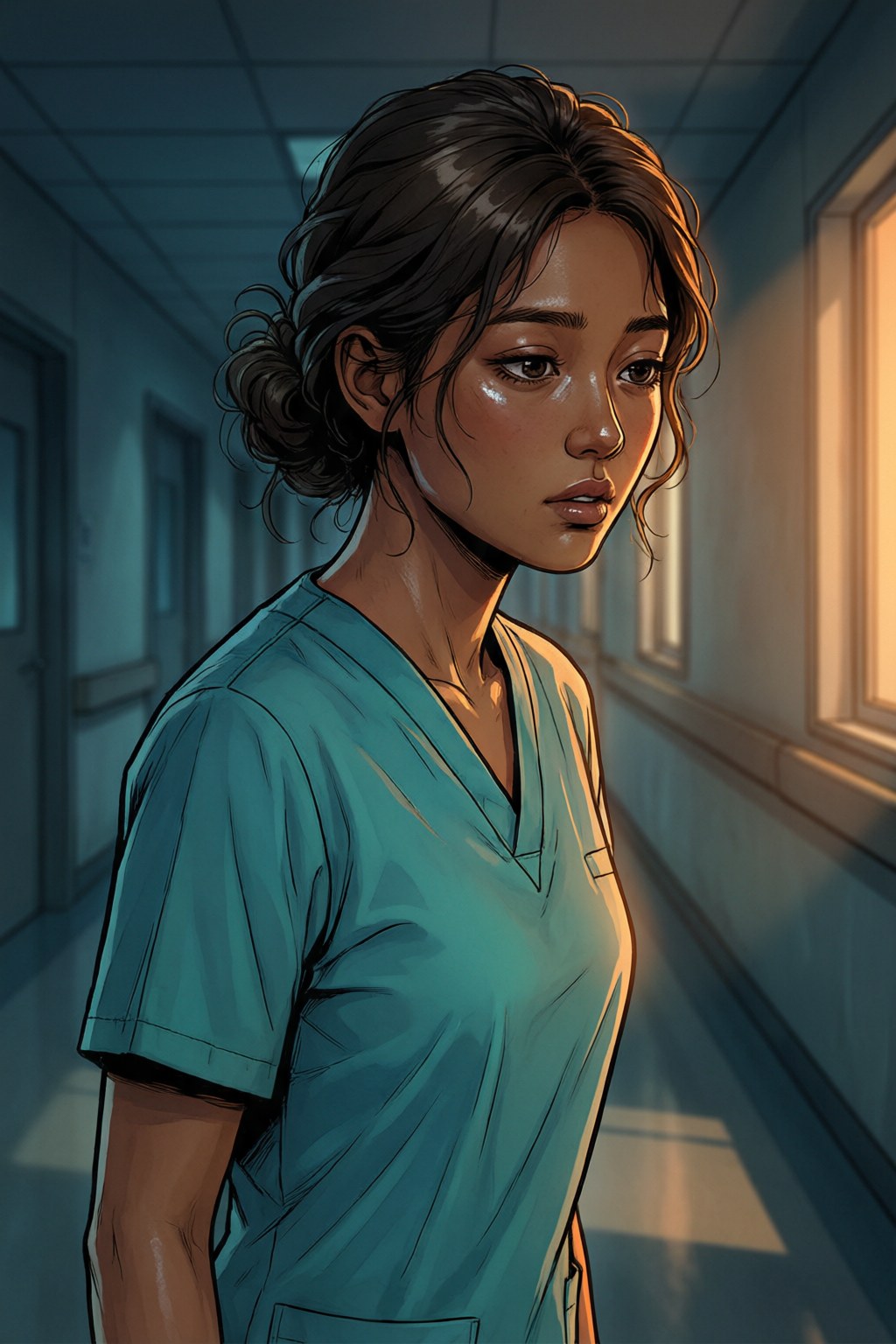 Si Amelia sa pasilyo ng ospital sa gabi