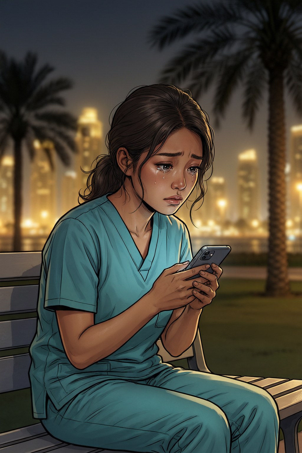 Si Amelia na mag-isang nasa bangko sa Dubai sa gabi