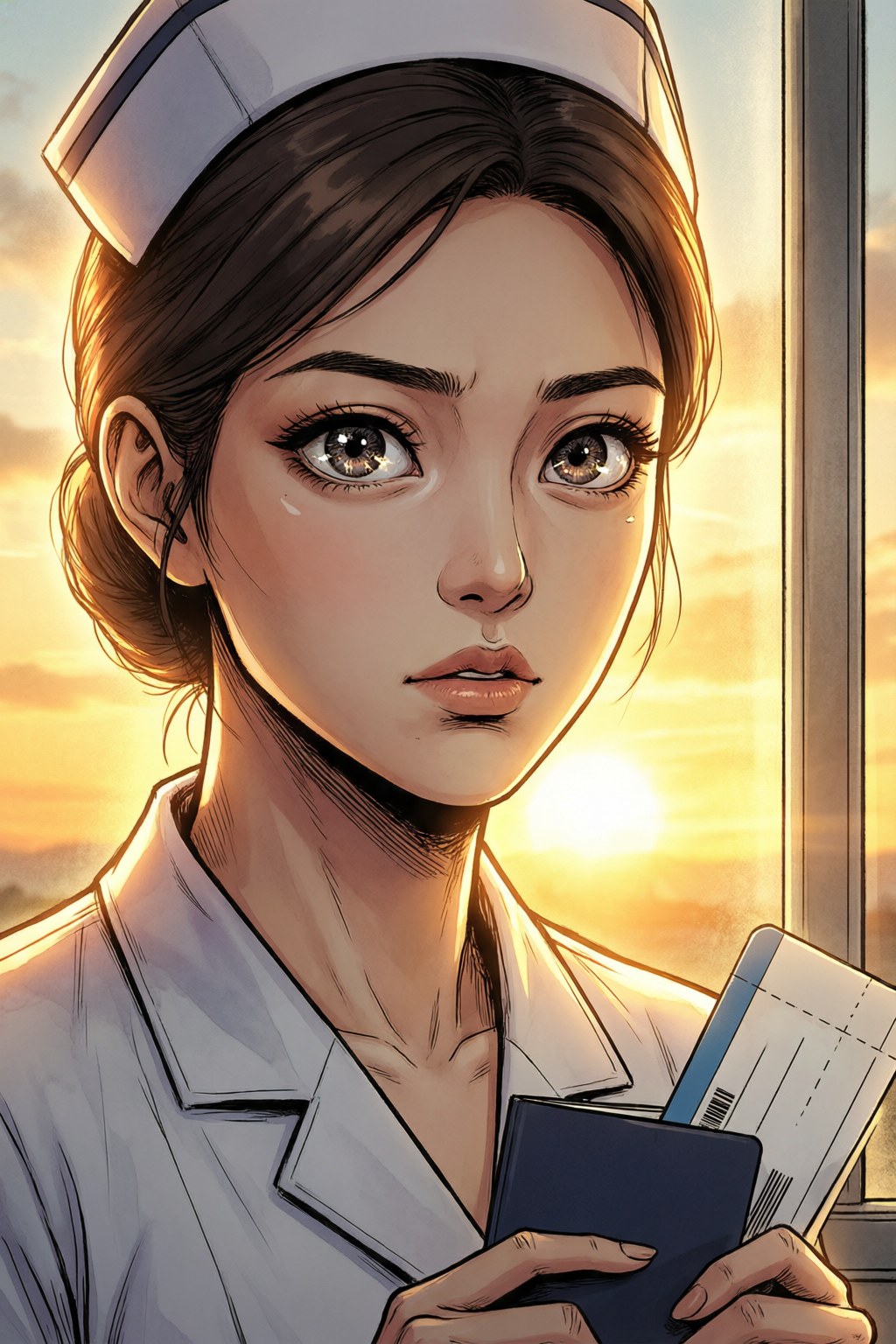 Hawak ni Amelia ang kanyang passport at plane ticket sa pagsikat ng araw